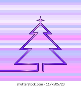 Árbol de navidad neón hecho de una línea continua sobre fondo a rayas multicolores, ilustración vectorial