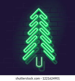 Neon christmas tree. Night illuminated wall street sign. Isolated geometric style illustration on brick wall background.