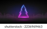 Neon Christmas Tree on Dark Purple Background. Vector clip art for your holiday project.