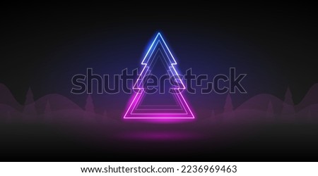 Neon Christmas Tree on Dark Purple Background. Vector clip art for your holiday project.