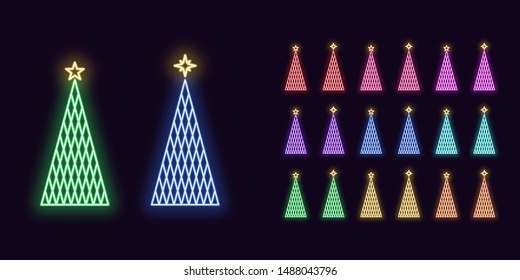 Neon Christmas Tree with Star, Festive icon decoration. Colorful Set of Xmas Tree in Neon style, texture with rhombuses. Glowing silhouette, sign, symbol for Holiday design. Vector illustration kit