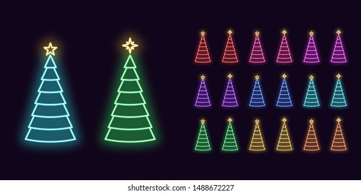 Neon Christmas Tree with Star, Festive icon decoration. Colorful Set of Xmas Tree in Neon outline style. Glowing silhouette, minimalistic sign and symbol for Holiday design. Vector illustration kit