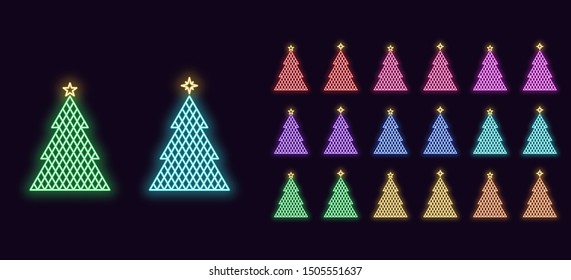 Neon Christmas Tree with Star, Festive icon decoration. Colorful Set of Xmas Tree in Neon style, texture with rhombuses. Glowing silhouette, sign, symbol for Holiday design. Vector illustration kit