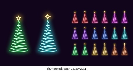 Neon Christmas Tree with Star, Festive icon decoration. Colorful Set of Xmas Tree in Neon style, texture with zigzags. Glowing silhouette, sign, symbol for Holiday design. Vector illustration kit