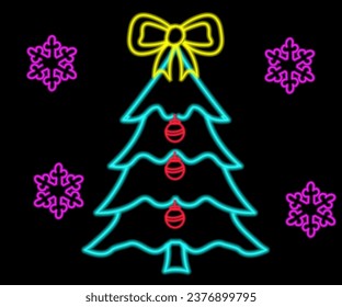 Neon Christmas tree with star, glowing icon. Neon New Year tree silhouette, outline Christmas tree in vivid colors. Festive fir with neon light. Icon set, sign, symbol for UI. Vector illustration