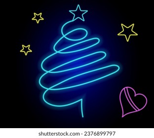 Neon Christmas tree with star, glowing icon. Neon New Year tree silhouette, outline Christmas tree in vivid colors. Festive fir with neon light. Icon set, sign, symbol for UI. Vector illustration