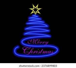 Neon Christmas tree with star, glowing icon. Neon New Year tree silhouette, outline Christmas tree in vivid colors. Festive fir with neon light. Icon set, sign, symbol for UI. Vector illustration