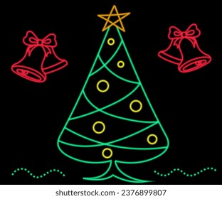 Neon Christmas tree with star, glowing icon. Neon New Year tree silhouette, outline Christmas tree in vivid colors. Festive fir with neon light. Icon set, sign, symbol for UI. Vector illustration