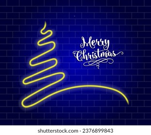 Neon Christmas tree with star, glowing icon. Neon New Year tree silhouette, outline Christmas tree in vivid colors. Festive fir with neon light. Icon set, sign, symbol for UI. Vector illustration