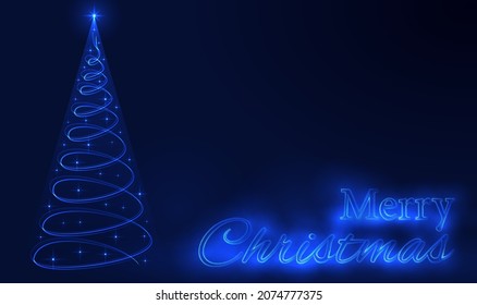 Neon Christmas tree. Vector illustration of a Christmas tree in lights and stars with glowing text merry Christmas on a blue background.