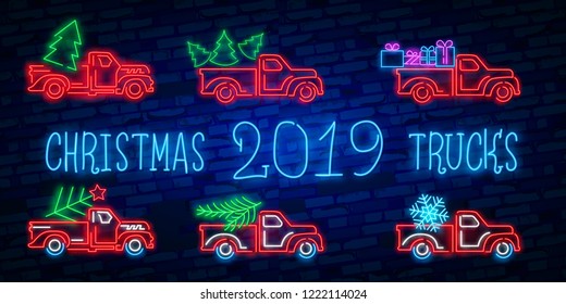 Neon Christmas truck  Vintage vector illustration Christmas red truck and Christmas tree  Retro neon card 