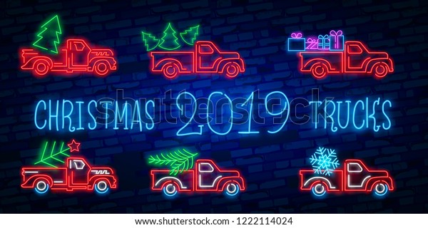 Neon Christmas\
truck. Vintage vector illustration Christmas red truck with a\
Christmas tree. Retro neon\
card.