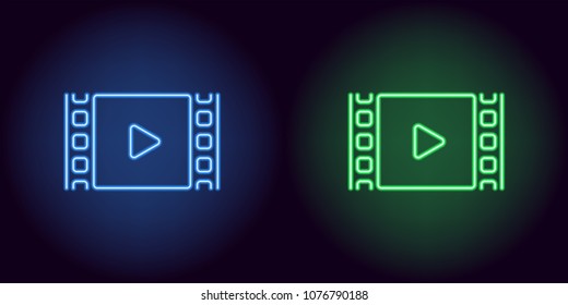 Neon cinema film in blue and green color. Vector illustration of cinema film with Play icon consisting of neon outlines, with backlight on the dark background