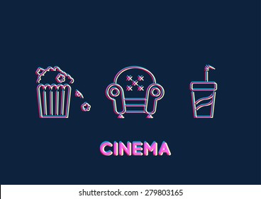 neon cinema theater icon; popcorn, beverage and seat. line flat pictogram icon vector
