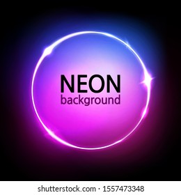 Neon circle background. Glowing round frame. Neon lights in pink, blue, purple vibrant colors. Abstract dark sign, wallpaper, and banner. Vector illustration.