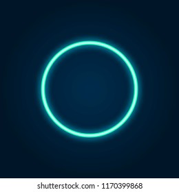 Neon circle bright blue shining light background design frame for presentation vector illustration. Round shine night glowing sign electric ring frame.