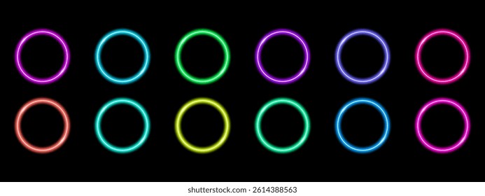 Neon circle buttons with laser light effect. Vector design for tech and club themes