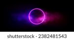 Neon circle in cloud of smoke on black background. Vector realistic illustration of round frame glowing in blue and pink fog, led light border flaring in abstract gradient mist, night party design