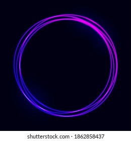 Neon circle design. Futuristic frame effect. Vibrant color element. Glowing ring template. Purple electric light. Modern neon loop for music poster or advertising. Vector illustration.