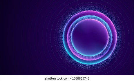 Neon circle with dots light effect on black background. Modern round frame with empty space for text for advertising, banner, card