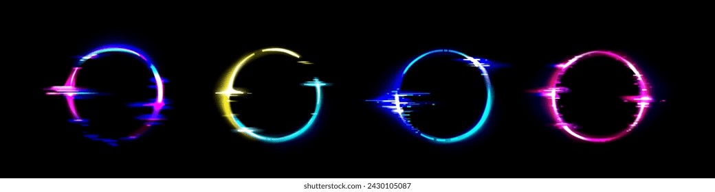 Neon circle frame with glitch effect. Realistic vector illustration set of retro futuristic ring design borders with tv color bugs and digital distortions. Abstract geometric holographic border.