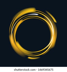Neon circle frame with golden glow on black background. Vector glitter design element for holiday cards, advertising concept, web