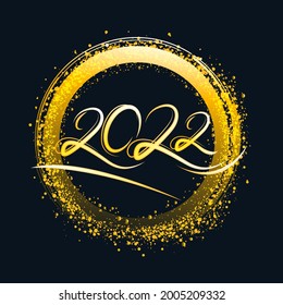 Marco de círculo neón con resplandor dorado. Elemento de diseño de brillo vectorial para tarjetas de vacaciones, organizador de fiestas de Navidad o Año Nuevo, titular, banner, afiche, web. Plantilla para 2022 año