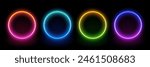 Neon circle frame. Illuminate frame design. Set of round neon border. Futuristic graphic element for social media stories. Glowing neon lighting on dark background. Blue, pink, purple, violet. Vector