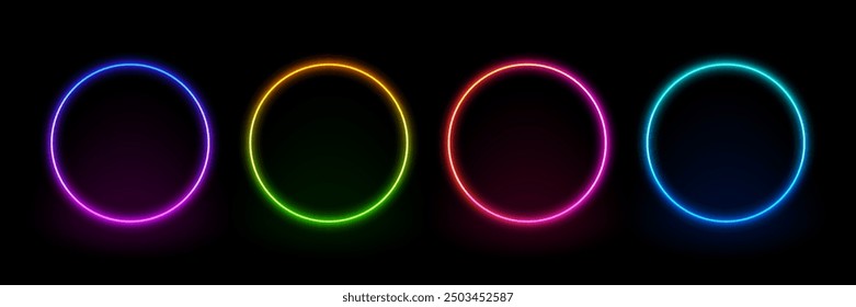 Neon circle frame. Illuminate frame design. Set of round neon border. Futuristic graphic element for social media stories. Glowing neon lighting on dark background. Blue, pink, purple, violet. Vector