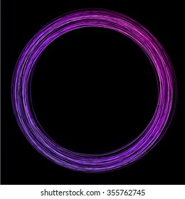 Neon circle frame made of thin lightning curved tube lamps with glowing effects on black night background, disco club laser show poster invitation template, vector illustration