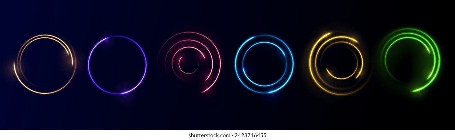 Neon circle frame on blue background. Glowing neon circle frame. Set of neon glowing circles. Glowing rings on dark background. Vector illustration	