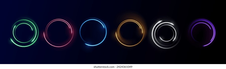 Marco del círculo del neón sobre fondo azul. Marco de círculo de neón brillante. Conjunto de círculos brillantes de neón. Anillos brillantes sobre fondo oscuro. Ilustración de vector	