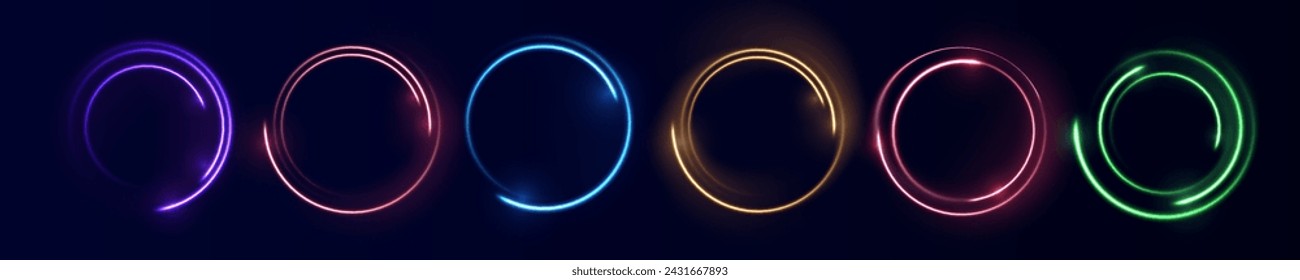 Marco del círculo del neón sobre fondo azul. Marco de círculo de neón brillante. Conjunto de círculos brillantes de neón. Anillos brillantes sobre fondo oscuro. Ilustración de vector