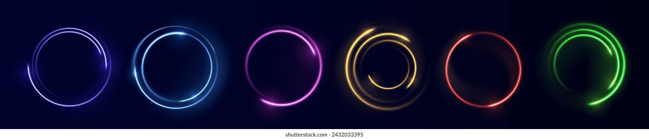 Neon circle frame on blue background. Glowing neon circle frame. Set of neon glowing circles. Glowing rings on dark background. Vector illustration