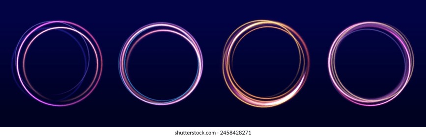 Neon circle frame on blue background. Glowing neon circle frame. Night road speed illustration. Rounded neon line with light effect. Swirl glow magic line trail. Light effect motion	
