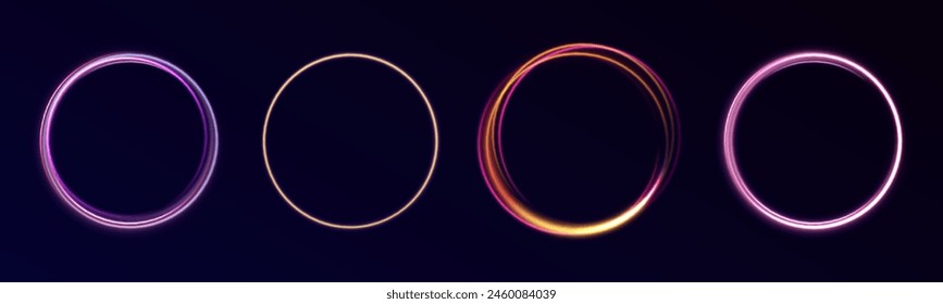 Neon circle frame on blue background. Glowing neon circle frame. Night road speed illustration. Rounded neon line with light effect. Swirl glow magic line trail. Light effect motion	
