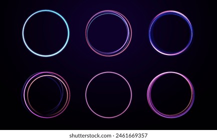 Neon circle frame on blue background. Glowing neon circle frame. Night road speed illustration. Rounded neon line with light effect. Swirl glow magic line trail. Light effect motion	
