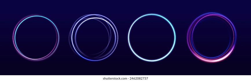 Neon circle frame on blue background. Glowing neon circle frame. Night road speed illustration. Rounded neon line with light effect. Swirl glow magic line trail. Light effect motion	
