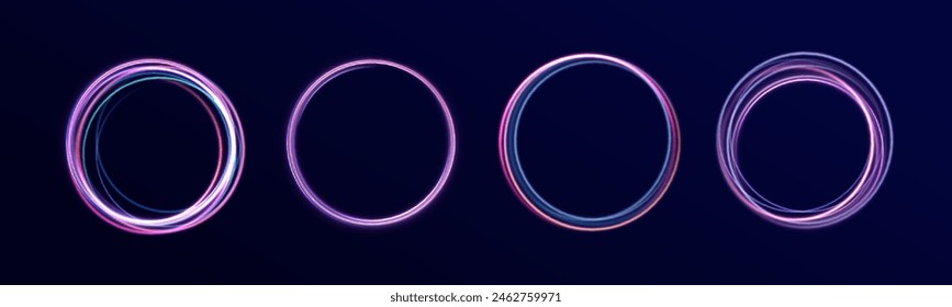 Neon circle frame on blue background. Glowing neon circle frame. Night road speed illustration. Rounded neon line with light effect. Swirl glow magic line trail. Light effect motion	
