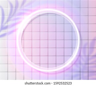 Neon circle frame on pink tiles wall, white glowing frame. Tropic palm leaves shadow overlay. Trendy fluorescent background design.