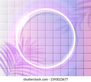 Neon circle frame on pink tiles wall, white glowing frame. Tropic palm leaves shadow overlay. Trendy shiny background design.