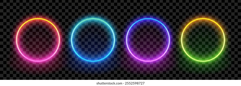 Neon circle frame on a transparent background. Illuminate frame design. Set of round neon border. Futuristic graphic element for social media stories. Glowing neon lighting on dark background. Blue, p