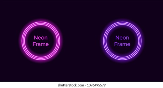 Neon circle frame in purple and violet color. Vector template of neon frame consisting of three outlines, with soft backlight on the dark background