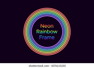 Neon circle frame in rainbow color. Vector template of rainbow neon frame consisting of seven outlines on the dark background