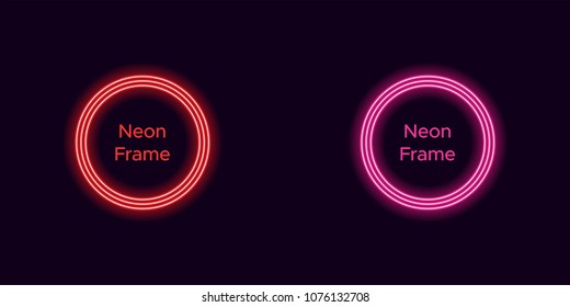 Neon circle frame in red and pink color. Vector template of neon frame consisting of three outlines, with soft backlight on the dark background
