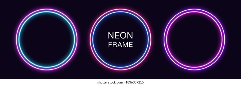 Neon circle Frame. Set of round neon Border with double outline. Geometric shape with copy space, futuristic graphic element for social media stories. Blue, pink, purple, violet. Fully Vector