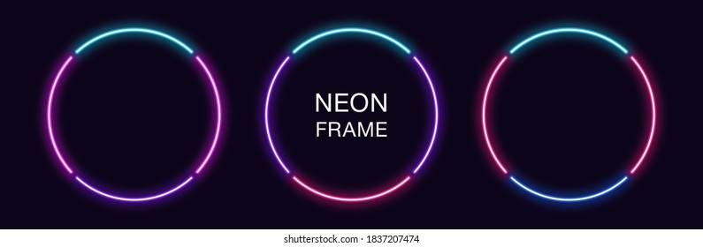 Neon circle Frame. Set of round neon Border in 4 outline parts. Geometric shape with copy space, futuristic graphic element for social media stories. Blue, pink, purple, violet. Fully Vector - Shutterstock ID 1837207474