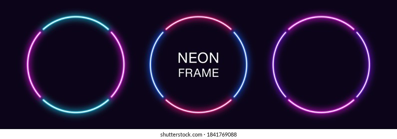 Neon circle Frame. Set of round neon Border in 4 outline parts. Geometric shape with copy space, futuristic graphic element for social media stories. Blue, pink, purple, violet. Fully Vector