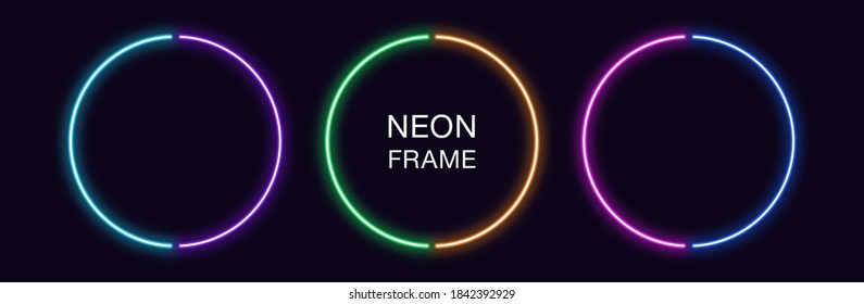 Neon circle Frame. Set of round neon Border in 2 outline parts. Geometric shape with copy space, futuristic graphic element for social media stories. Violet, blue, purple, green. Fully Vector - Shutterstock ID 1842392929