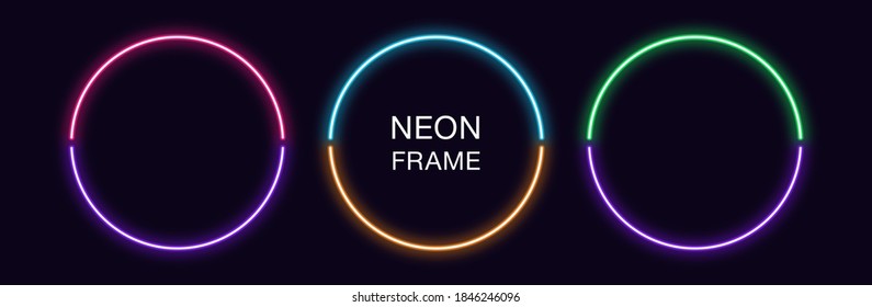 Marco de círculo neón. Conjunto de borde de neón redondo en 2 partes de contorno. Forma geométrica con espacio de copia, elemento gráfico futurista para historias de medios sociales. Violeta, rosa, naranja, azul celeste. Vector completo